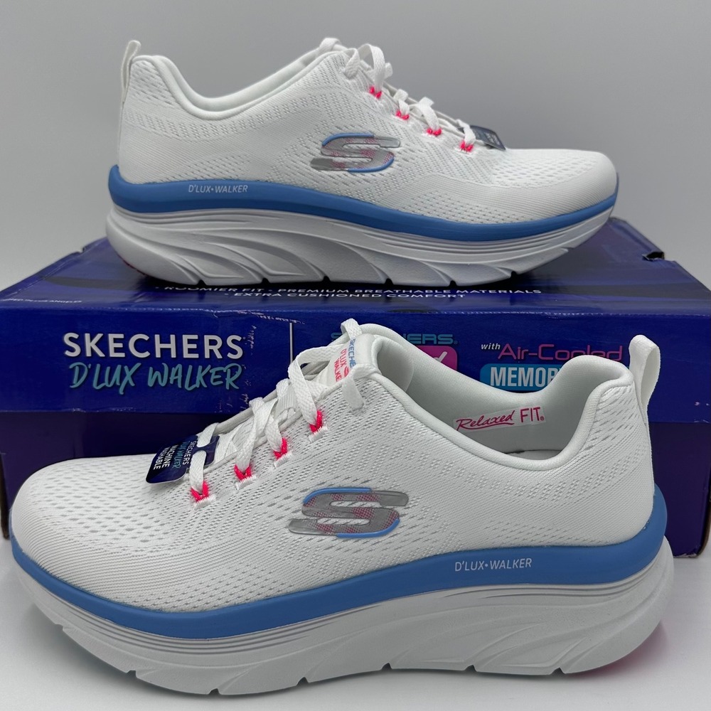 Skechers D'Lux Walker Sneakers Womens 9.5 White Blue Infinite Motion 149368 NEW